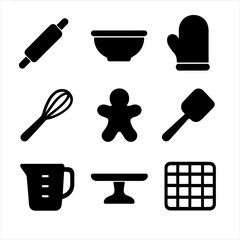 Holiday Baking Icons. Solid, filled icon set of holiday baking and cooking tools: rolling pin, mixing bowl, oven mitt, whisk,