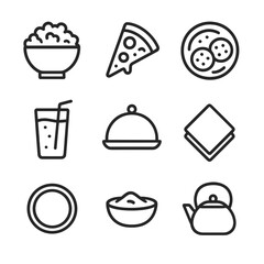 Cozy Snack Icons. Outline icon set of cozy snack and drink rituals: popcorn bowl, pizza slice, cookie plate, soda glass, serving