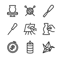 Craft Workshop Icons. Outline icon set of tactile craft workshops: pottery wheel, knitting needles with yarn, woodworking chisel,
