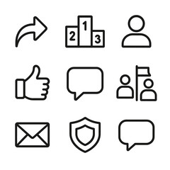 Social Sharing Icons. Outline icon set of social sharing features: share arrow, leaderboard podium, friend avatar, thumbs-up,