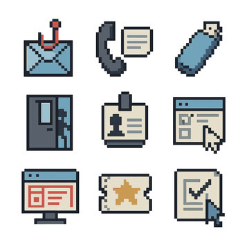 Social Engineering Icons. Pixel art icon set of social engineering tests: phishing email, phone pretext script, bait USB drive,