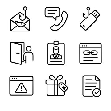 Social Engineering Icon Set. Outline icon set of social engineering tests: phishing email, phone pretext script, bait USB drive,