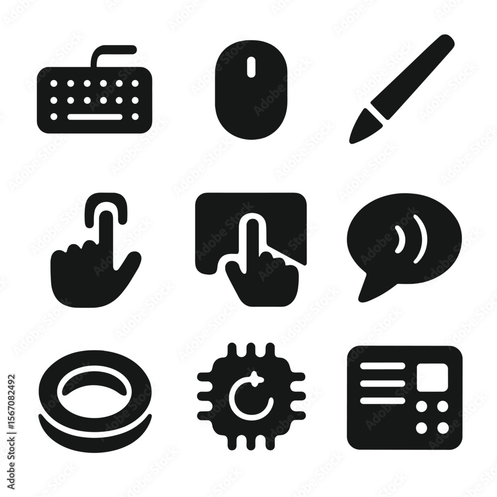 Poster human-computer interaction icons. solid, filled icon set of human-computer interaction tools: keyboa