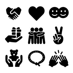 Fototapeta premium Friendship Icons Grid. Solid, filled icon set of friendship and sharing: holding hands, heart, smiley faces, gift exchange, group