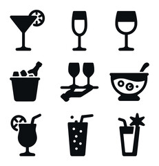 Party Drink Icons. Solid, filled icons set of party drinks: cocktail glass, champagne, wine glass, ice bucket,