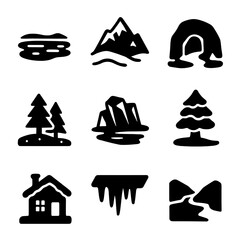 Frozen Landscape Icons. Solid, filled icon set of frozen landscapes: frozen lake, snowy mountain, ice cave, snowy forest, glacier,