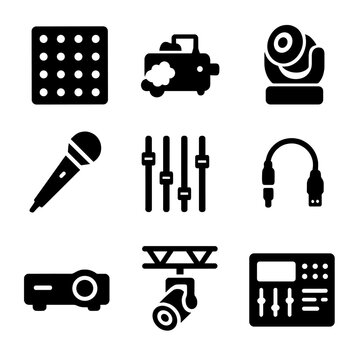 Stage Tech Icons. Solid, Filled icon set of stage technology components: LED panel, fog machine, moving head light, wireless mic,