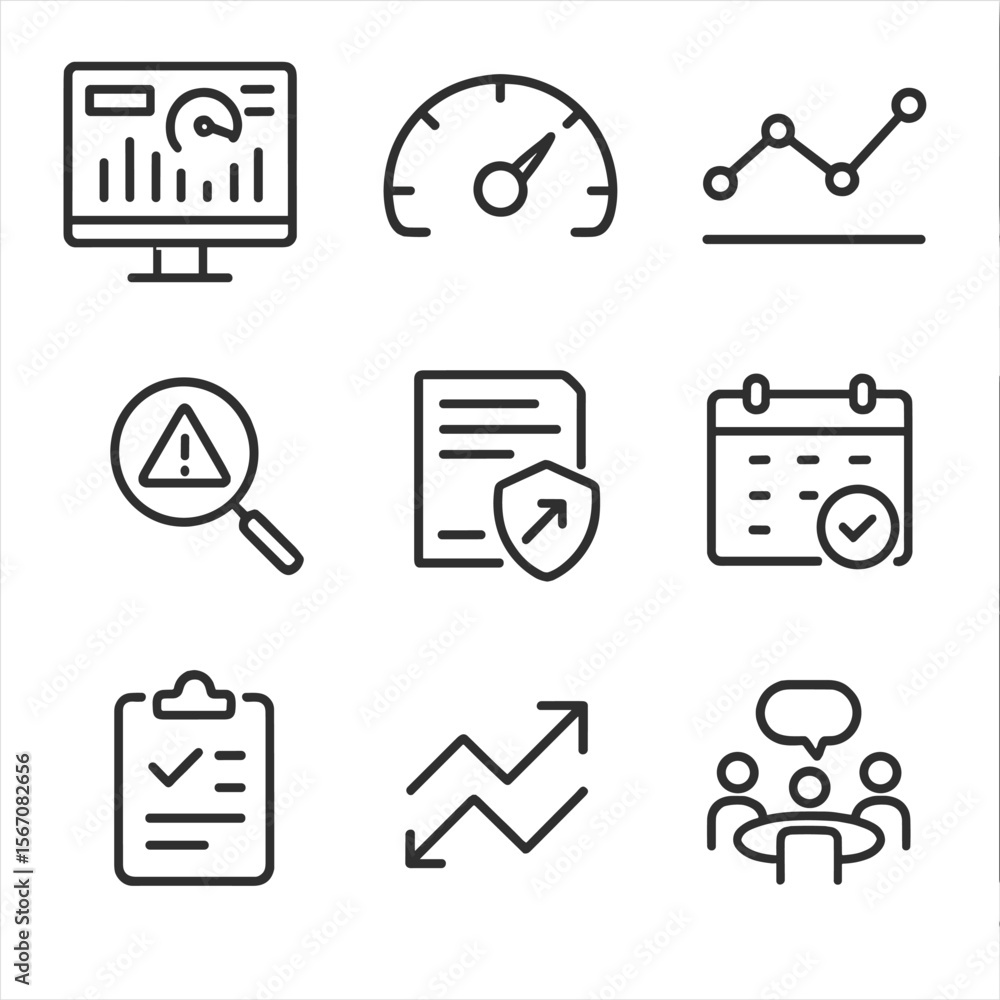 Poster data analysis icons. outline icon set of monitoring and evaluating transformation: kpi dashboard scr