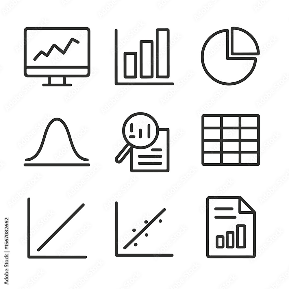 Poster data analysis icons. outline icon set of data analysis and visualization: computer screen with chart