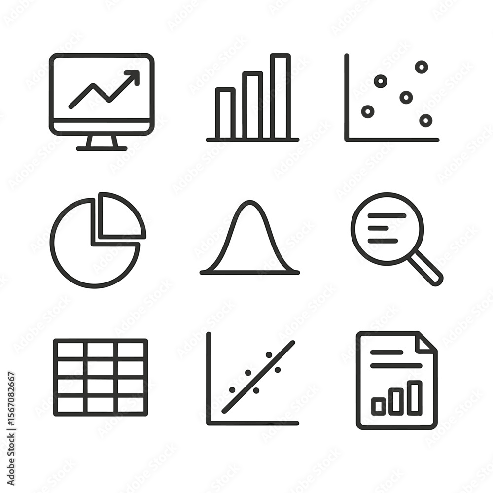 Poster data analysis icons. outline icon set of data analysis and visualization: computer screen with chart