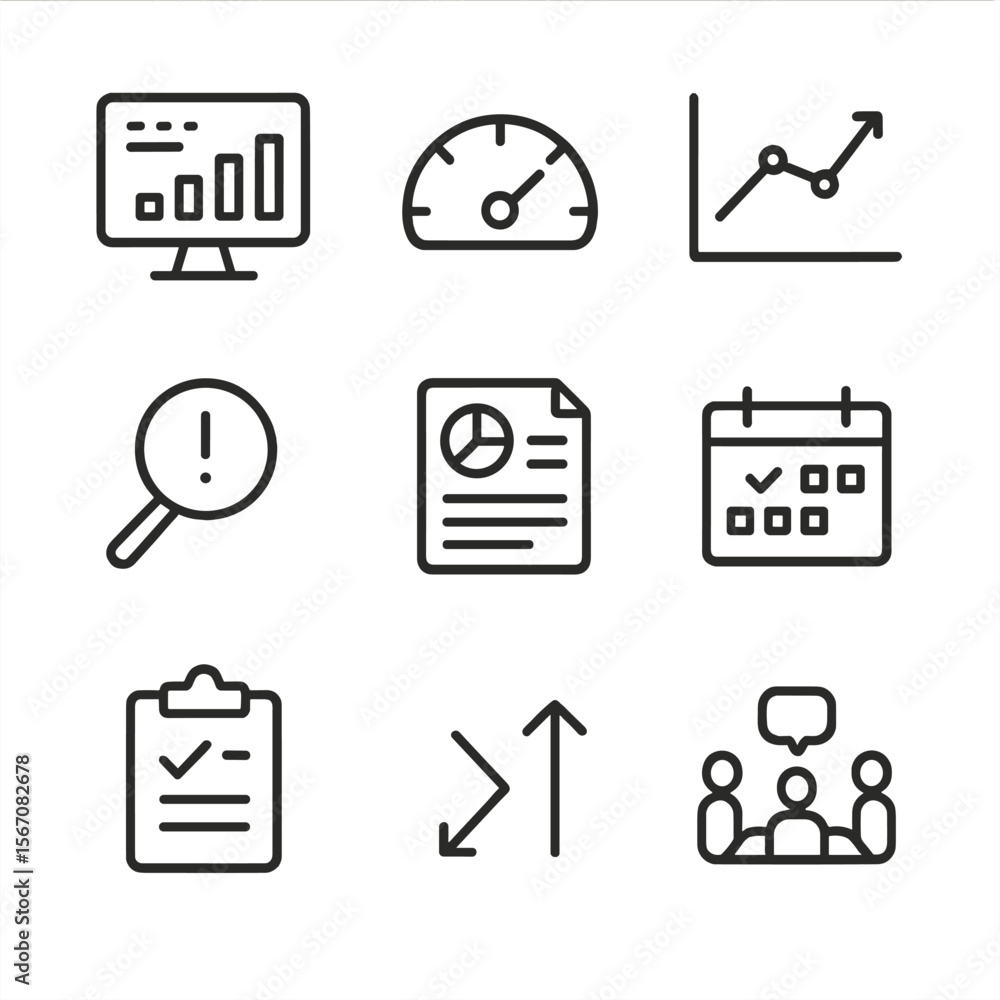 Poster data analysis icons. outline icon set of monitoring and evaluating transformation: kpi dashboard scr