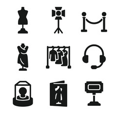 Fashion Icon Grid. Solid, filled icon set of fashion exhibitions: fashion statue, spotlight stand, velvet rope, museum plaque,