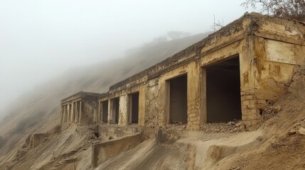 Abandoned Building Ruins in Foggy Landscape on Mountainous Terrain