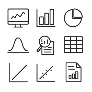 Data Analysis Icons. Outline icon set of data analysis and visualization: computer screen with chart, bar graph, scatter plot, pie