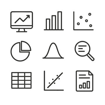 Data Analysis Icons. Outline icon set of data analysis and visualization: computer screen with chart, bar graph, scatter plot, pie