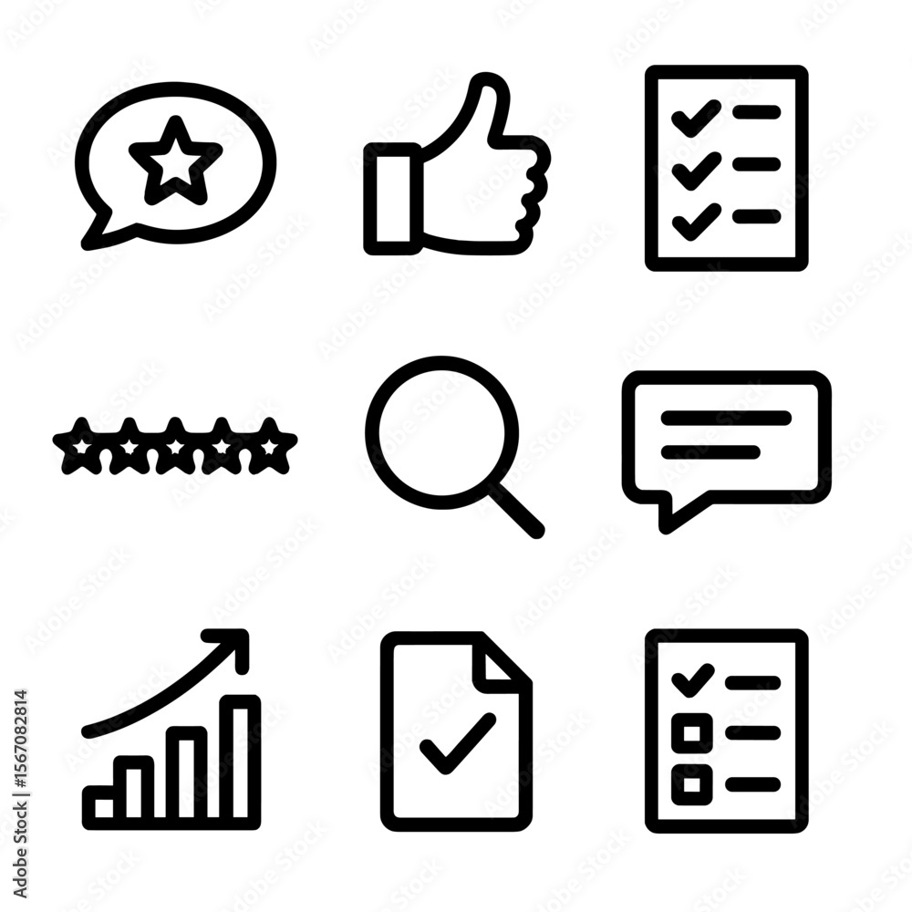 Poster feedback icon set. solid, filled icon set of feedback and evaluation: speech bubble with star, thumb