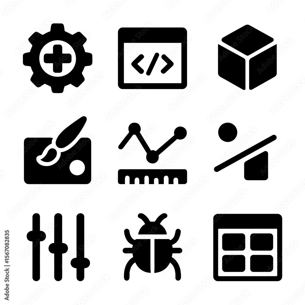 Poster game development icons. solid, filled icon set of game development software: game engine, code edito
