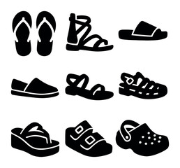 Sandal Icons Collection. Solid, filled icons set of flip-flops and sandals: basic flip-flops, strappy sandals,