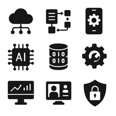 Digital Transformation Icons. Solid, filled icons set of digital transformation in business: cloud computing,