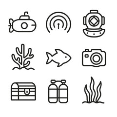 Deep-Sea Icon Set. Outline icon set of deep-sea exploration expeditions: submarine, sonar wave, diving helmet, coral reef, fish