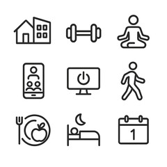 Developer Balance Icons. Outline icon set of Work-life balance for developers: home and office split, exercise dumbbell,