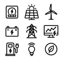 Industry 4.0 Icons. Solid, filled icon set of Industry 4.0 energy management: smart meter, solar panel, wind turbine, energy