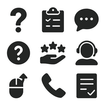 Feedback Icons Grid. Solid, filled icon set of feedback and support CTAs: question mark, feedback form, support chat, help icon,