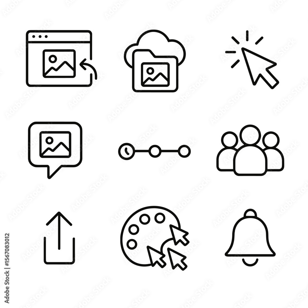 Poster digital art icon set. outline icon set of digital art collaboration platforms: shared canvas window,