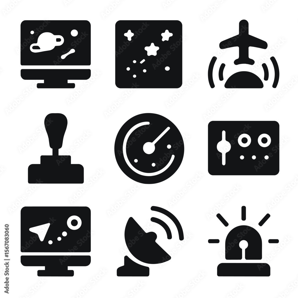 Poster interstellar navigation icons. solid, filled icon set of interstellar navigation and control: naviga