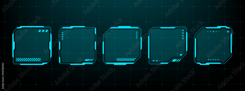 Poster Five futuristic hud text box frame layouts in a row with grid lines. Digital wireframe data interface design elements for technology.