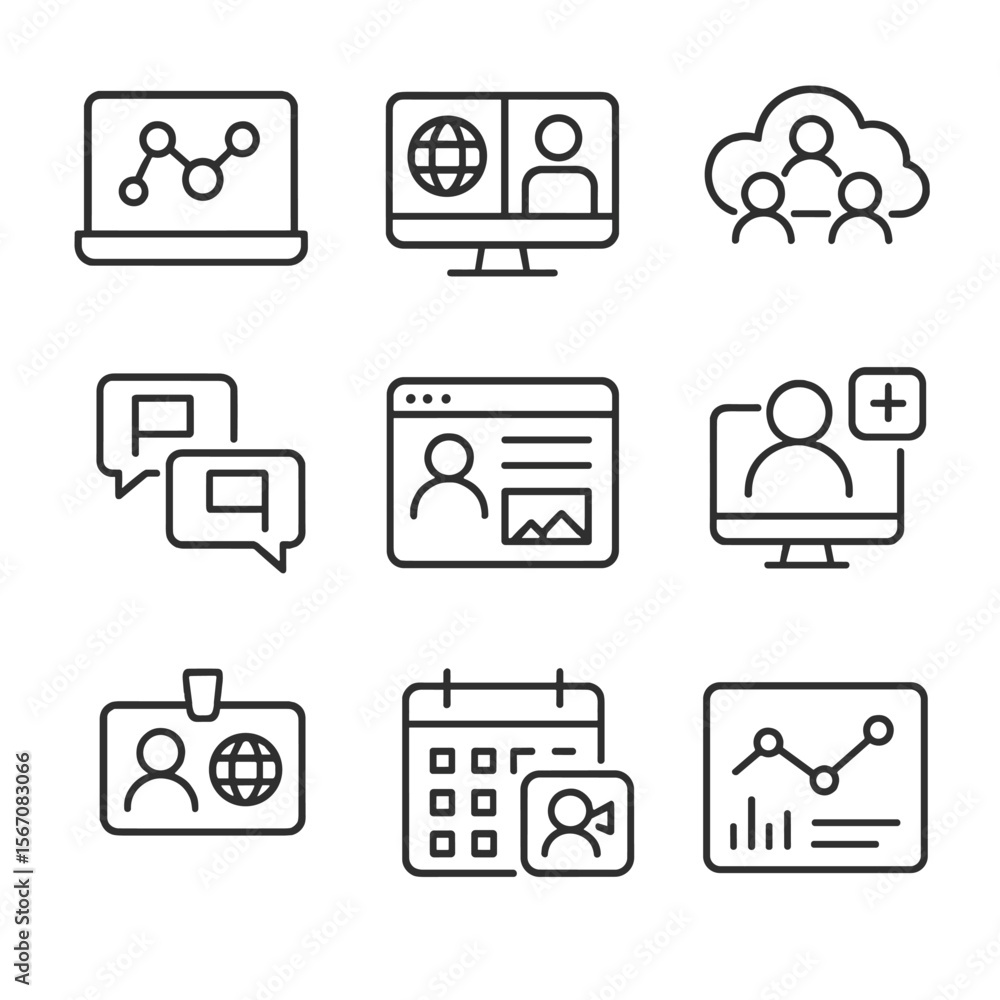 Poster digital networking icons. outline icon set of digital professional networking: laptop displaying net