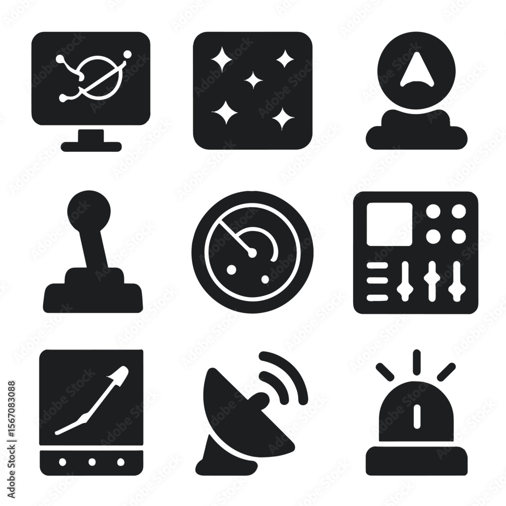 Poster interstellar navigation icons. solid, filled icon set of interstellar navigation and control: naviga
