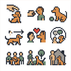 Support Animal Icons. Pixel art icon set of emotional support animal interactions: petting hand, feeding treat, playing ball,