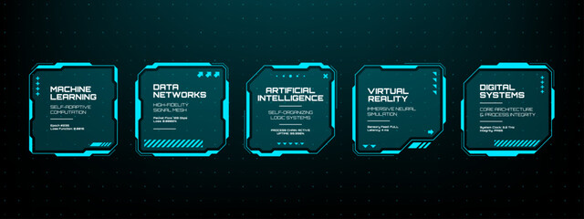 Digital display with futuristic hud text boxes containing various tech concepts. Modern user interface element set for data visualization.