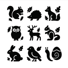 Naklejka premium Filled Icon Sets. Solid, filled icon set of wildlife among fallen leaves: squirrel, hedgehog, fox, owl, deer, chipmunk, rabbit,