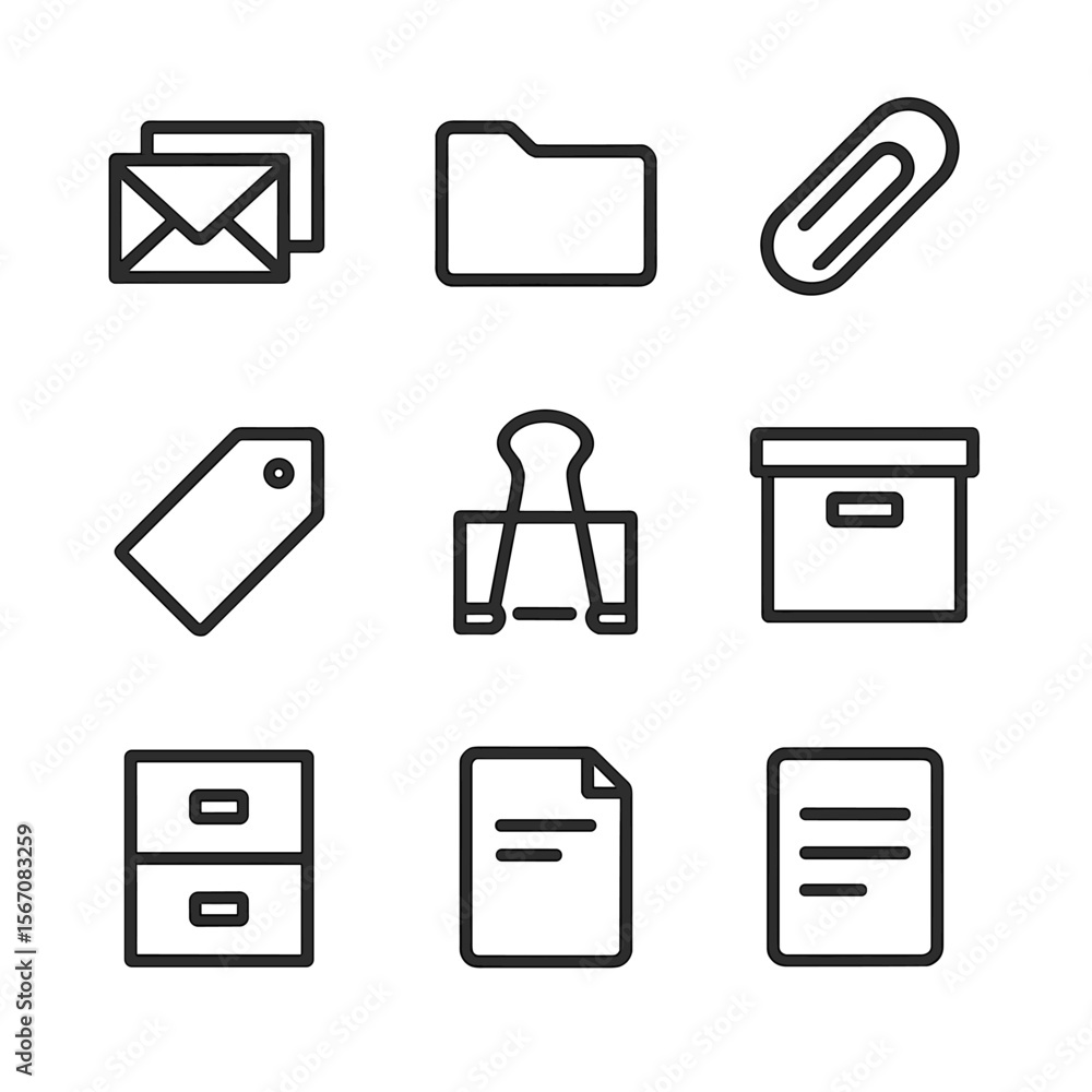Poster document tools icons. outline icon set of document organization tools: envelope stack, folder tab, p
