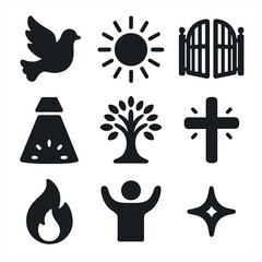 Divine Connection Icons. Solid, filled icons set of connecting with higher power: dove, sunburst, heavenly