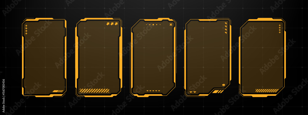 Poster Five futuristic hud text box frame vectors set with orange borders. Interface elements for game or web design. Modern digital display overlay.