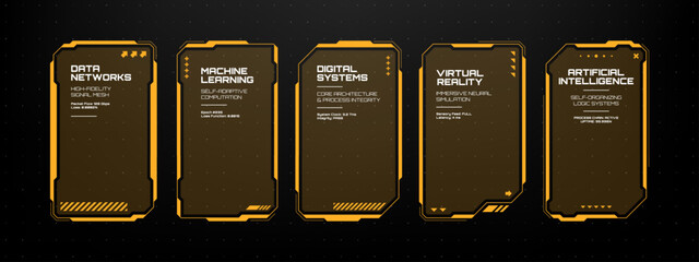 Five hud text box frame vectors with data network, machine learning, digital system, virtual reality, ai information.