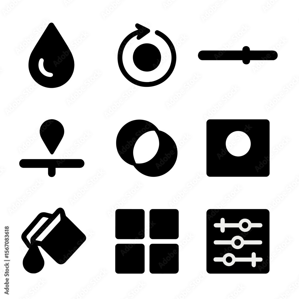 Aufkleber gradient editing icons. solid, filled icon set of gradient editing features: opacity control, hue sh