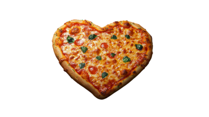 Heart shaped pizza with pepperoni and basil symbolizes love and culinary affection on on transparent background