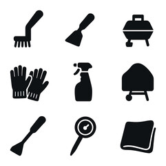 Grill Maintenance Icons. Solid, filled icons set of grill maintenance: steel brush, scraper, ash pan, heat