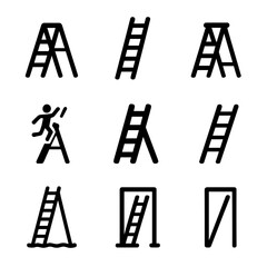 Ladder Icons Grid. Solid, filled icon set of ladder types and misuse: step ladder, extension ladder, platform ladder, leaning