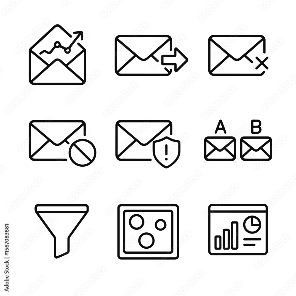 Poster email analytics icons. outline icon set of email analytics and performance tracking: open rate graph