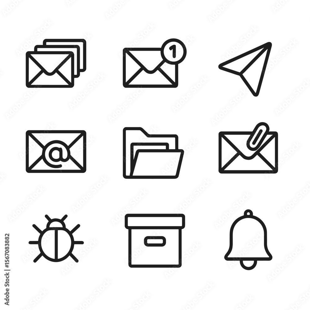 Poster email icon set. outline icon set of email notification metaphors: envelope stack, unread badge, send