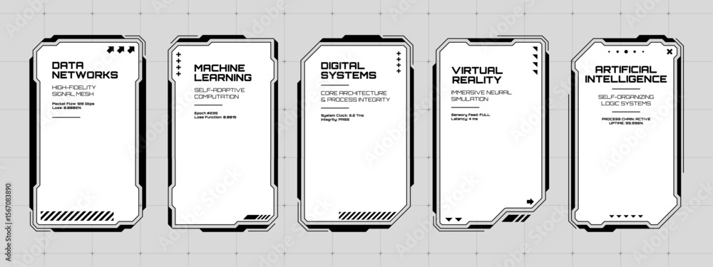 Fototapete five futuristic hud text box frame vectors showing data networks, machine learning, digital systems,