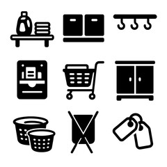 Laundry Room Icons. Solid, filled icon set of laundry room storage ideas: shelf, storage bins, hooks, wall organizer, laundry cart