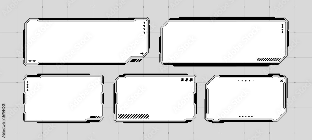 Aufkleber collection of five hud text box frames blank white with geometric shapes. modern ui element for cybe