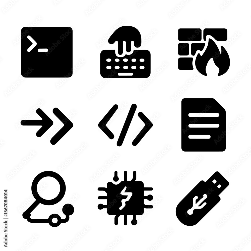 Poster hacker icon set. solid, filled icon set of hacker-themed args: terminal screen, keyboard tap, firewa