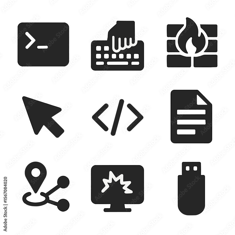 Poster hacker icon set. solid, filled icon set of hacker-themed args: terminal screen, keyboard tap, firewa